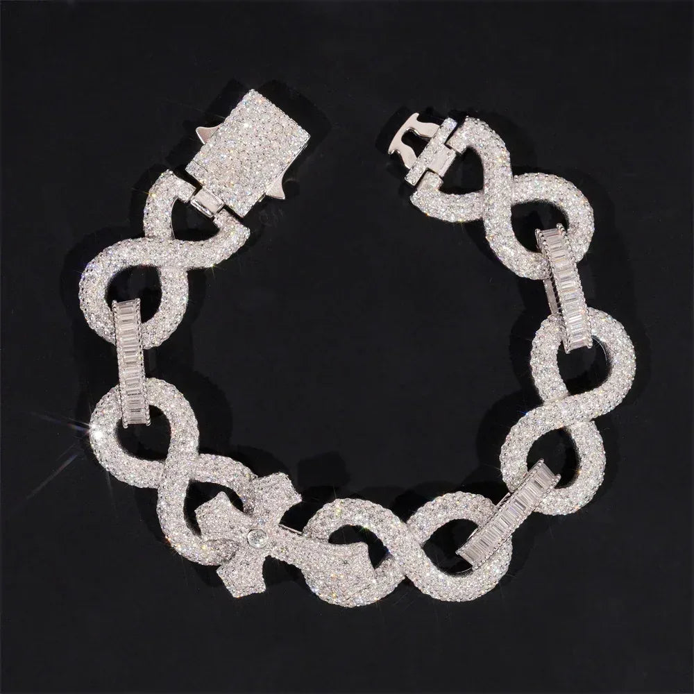 17mm Moissanite Cross Cuban Link Bracelet with Figure-8 Clasp – S925 Sterling Silver Iced-Out Hip Hop Streetwear Jewelry - CaratixJewelry