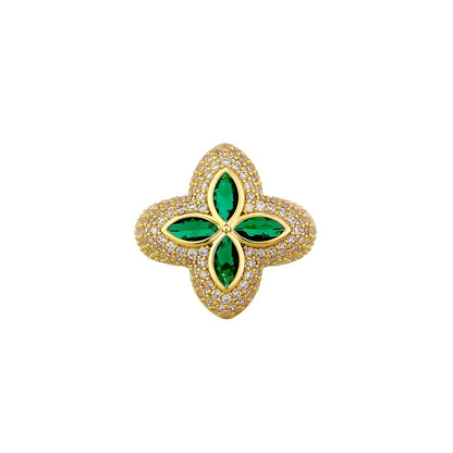 Men's Iced Out Four-Leaf Clover Ring | Flower Motif Hip Hop Band | Caratix