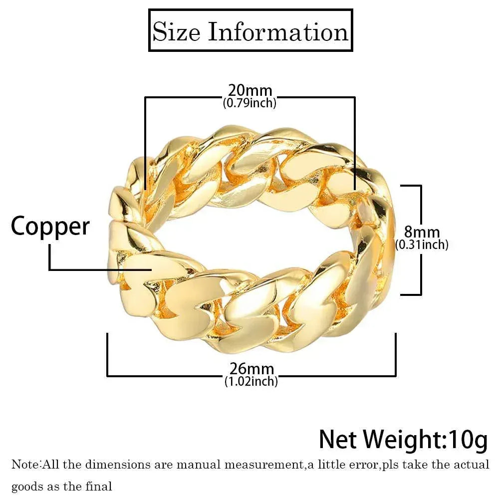8mm Polished Cuban Link Ring with 18K Gold Plating for Men | Trendy Hip Hop Jewelry | Caratix Jewelry - CaratixJewelry