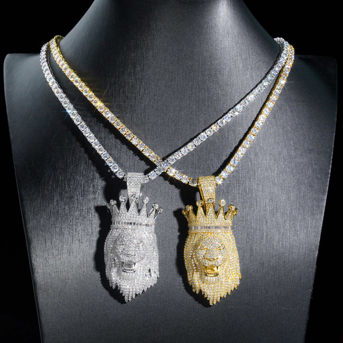 S925 Sterling Silver Moissanite Lion King Pendant with Crown | Iced Out Lion Head for Cuban Chain | Caratix