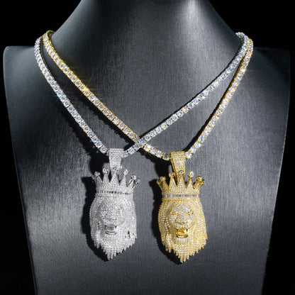 S925 Sterling Silver Moissanite Lion King Pendant with Crown | Iced Out Lion Head for Cuban Chain | Caratix