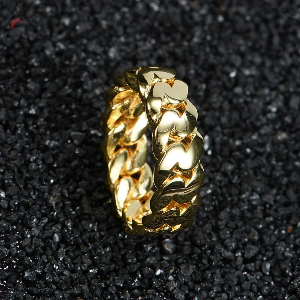 8mm Polished Cuban Link Ring with 18K Gold Plating for Men | Trendy Hip Hop Jewelry | Caratix Jewelry - CaratixJewelry