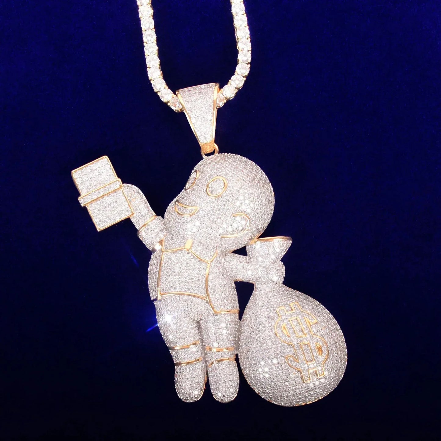 Iced Out "Money Bag Boy" Pendant | Unisex Real Copper CZ Necklace - CaratixJewelry