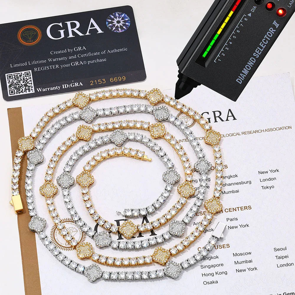 S925 Sterling Silver Moissanite Clover Tennis Chain | VVS Moissanite Necklace | Tester Passed Hip Hop Jewelry | Caratix - CaratixJewelry