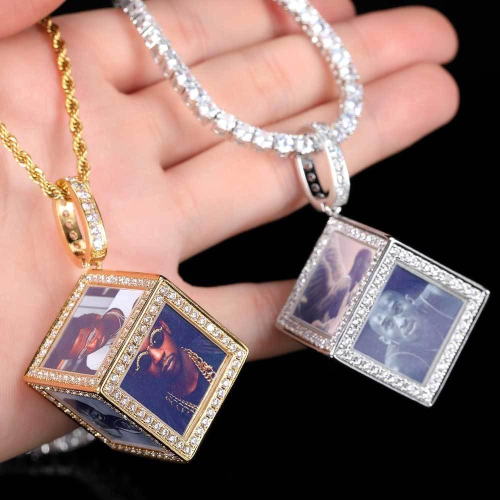 Custom Cube Memory Photo Pendant Necklace with Micro-Pave Zircon Stones | Caratix Jewelry - CaratixJewelry