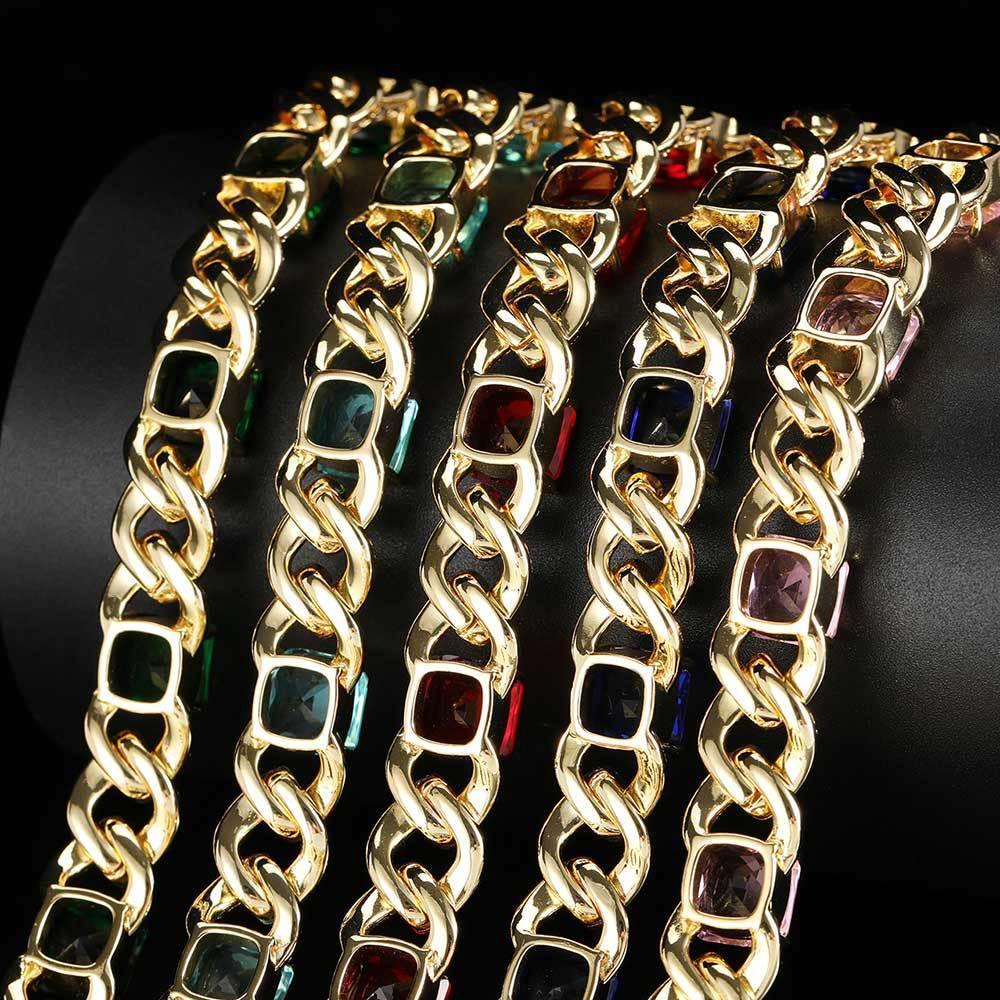 12mm Colorful Stone Cuban Chain Micro Pave Zircon Hip Hop Necklace - CaratixJewelry