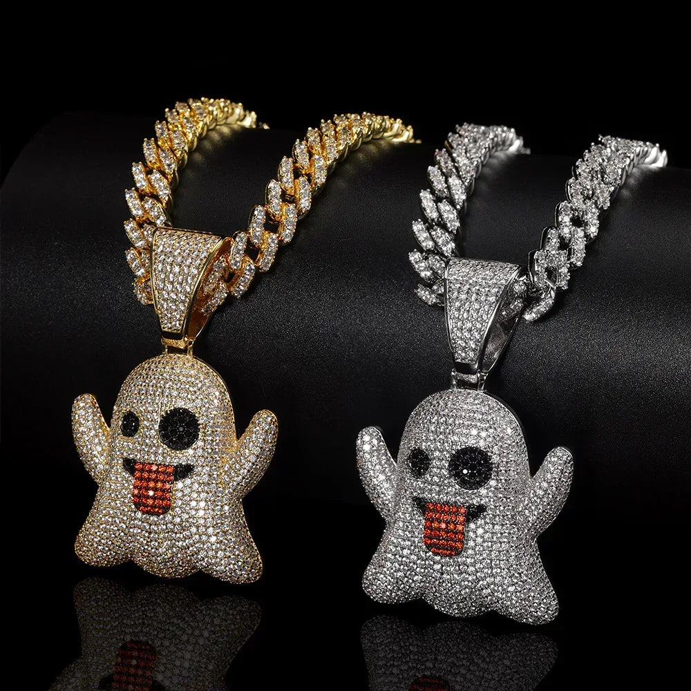 Large Tongue Out Ghost Pendant Necklace with Micro-Pave Zircon for Men | Caratix Jewelry - CaratixJewelry