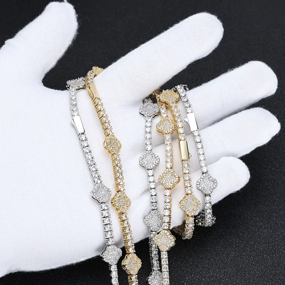 Men's Spring-Clasp Clover Tennis Chain | 5A Zircon Iced Out Necklace | Premium Gold Chain Rapper Style | Caratix - CaratixJewelry