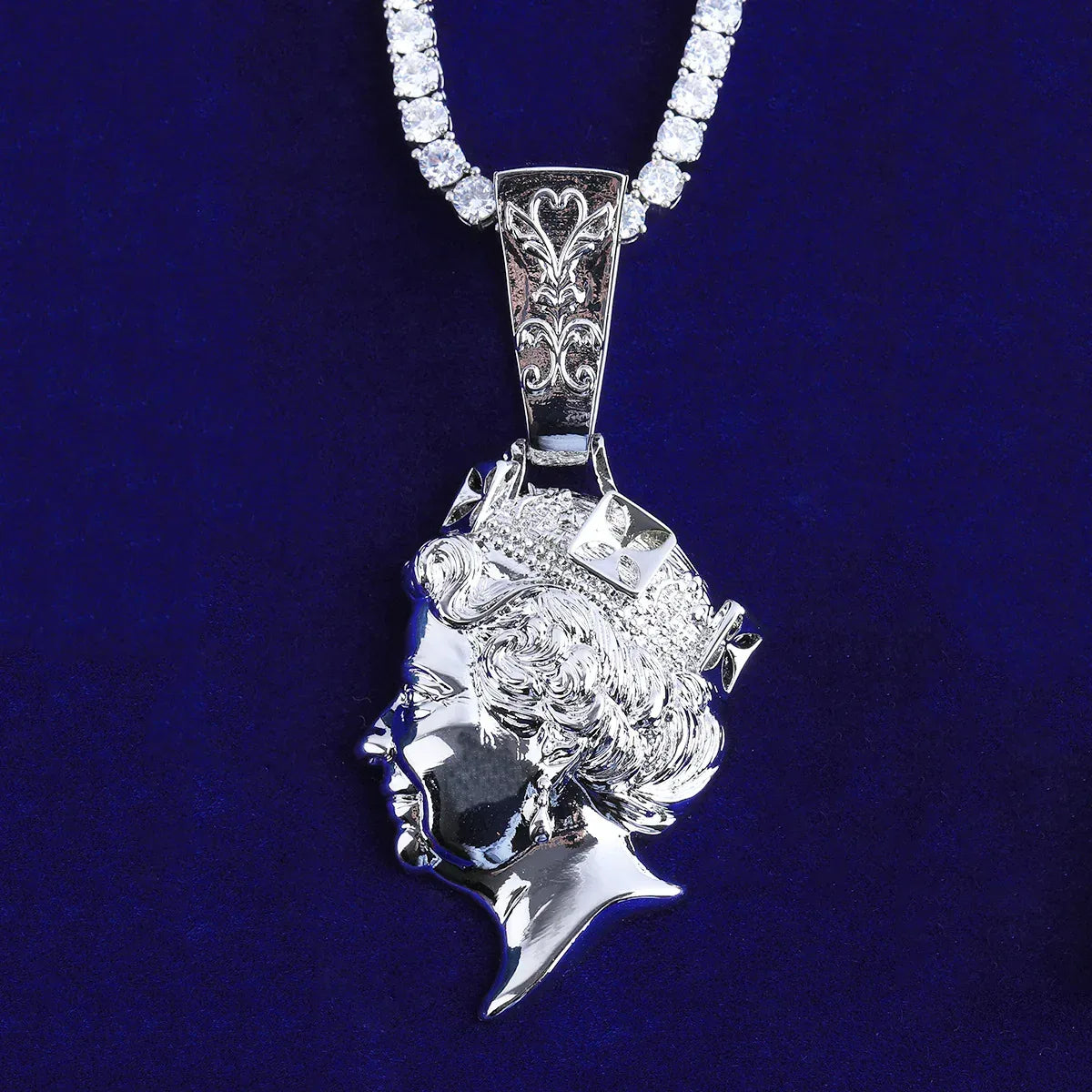 Iced Out Queen Elizabeth Portrait Pendant | Men's Real Copper CZ Necklace - CaratixJewelry