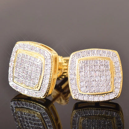 925 Sterling Silver Double Layer Square Stud Earrings with Zircon | Hip Hop Fashion Jewelry | Caratix Jewelry - CaratixJewelry