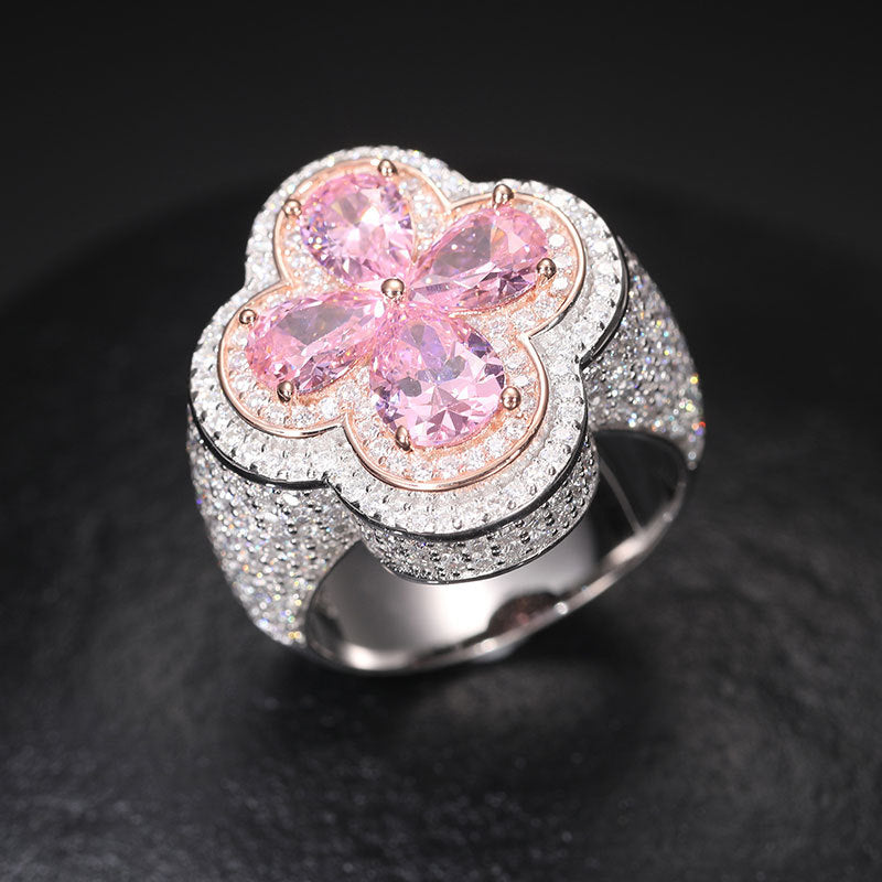 S925 Sterling Silver Moissanite Flower Ring – Ice Out Hip-Hop Luxury Statement Band for Men