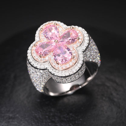 S925 Sterling Silver Moissanite Flower Ring – Ice Out Hip-Hop Luxury Statement Band for Men