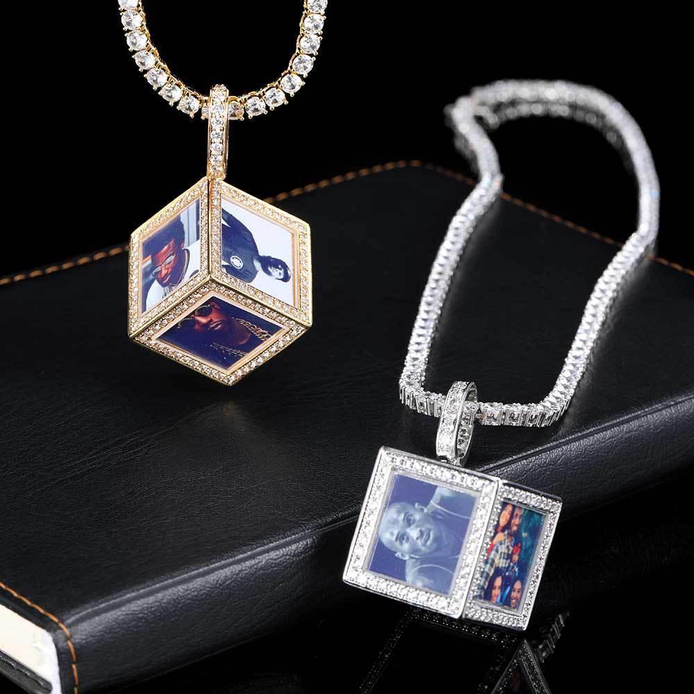Custom Cube Memory Photo Pendant Necklace with Micro-Pave Zircon Stones | Caratix Jewelry - CaratixJewelry