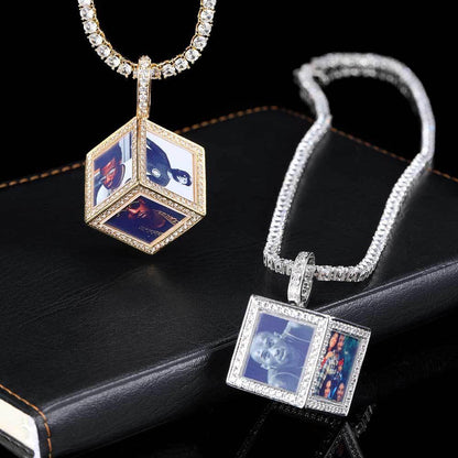 Custom Cube Memory Photo Pendant Necklace with Micro-Pave Zircon Stones | Caratix Jewelry - CaratixJewelry