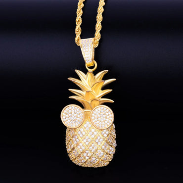 Iced Out 'Cool Pineapple' with Glasses Pendant | Men's Tropical Hip Hop Fruit Necklace | Premium Copper CZ Swag Jewelry | Summer Vacation Bling | Caratix - CaratixJewelry