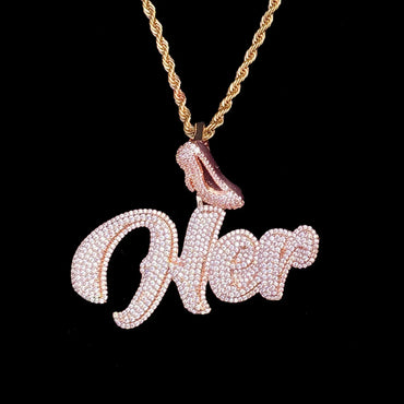 Iced Out "HER" Stiletto Letter Pendant | Women's Real Copper High Heel Necklace - CaratixJewelry