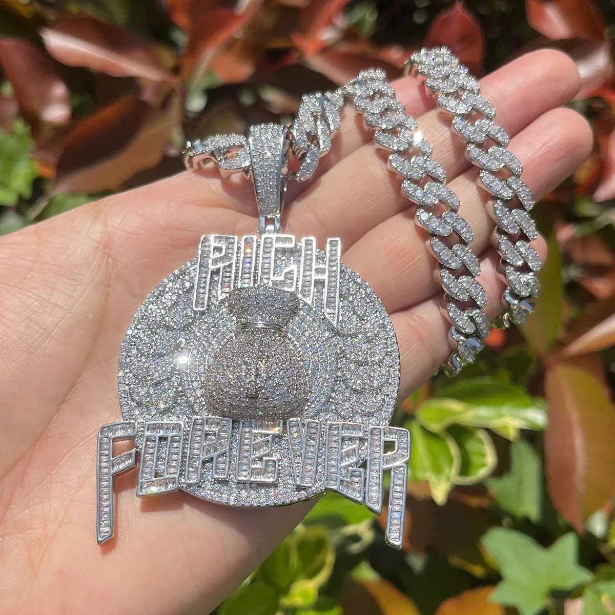 Iced Out "Rich Forever" Pendant | Men's Real Copper CZ Necklace - CaratixJewelry