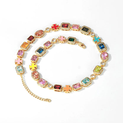 Drip Cross Pendant Colorful Gemstone Hip Hop Bracelet Gold Chain Rapper Style for Men | Caratix Jewelry - CaratixJewelry