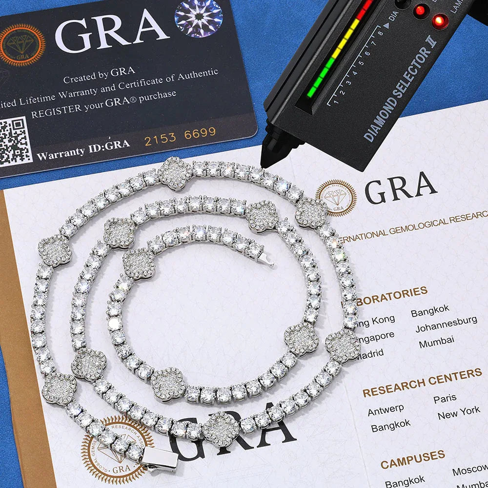 S925 Sterling Silver Moissanite Clover Tennis Chain | VVS Moissanite Necklace | Tester Passed Hip Hop Jewelry | Caratix - CaratixJewelry