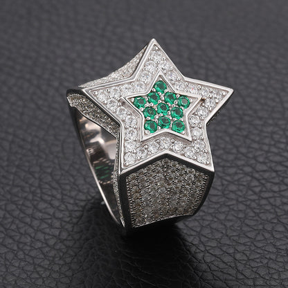 Men's S925 Sterling Silver Moissanite Star Ring – Blue Sapphire Hip-Hop Statement Band
