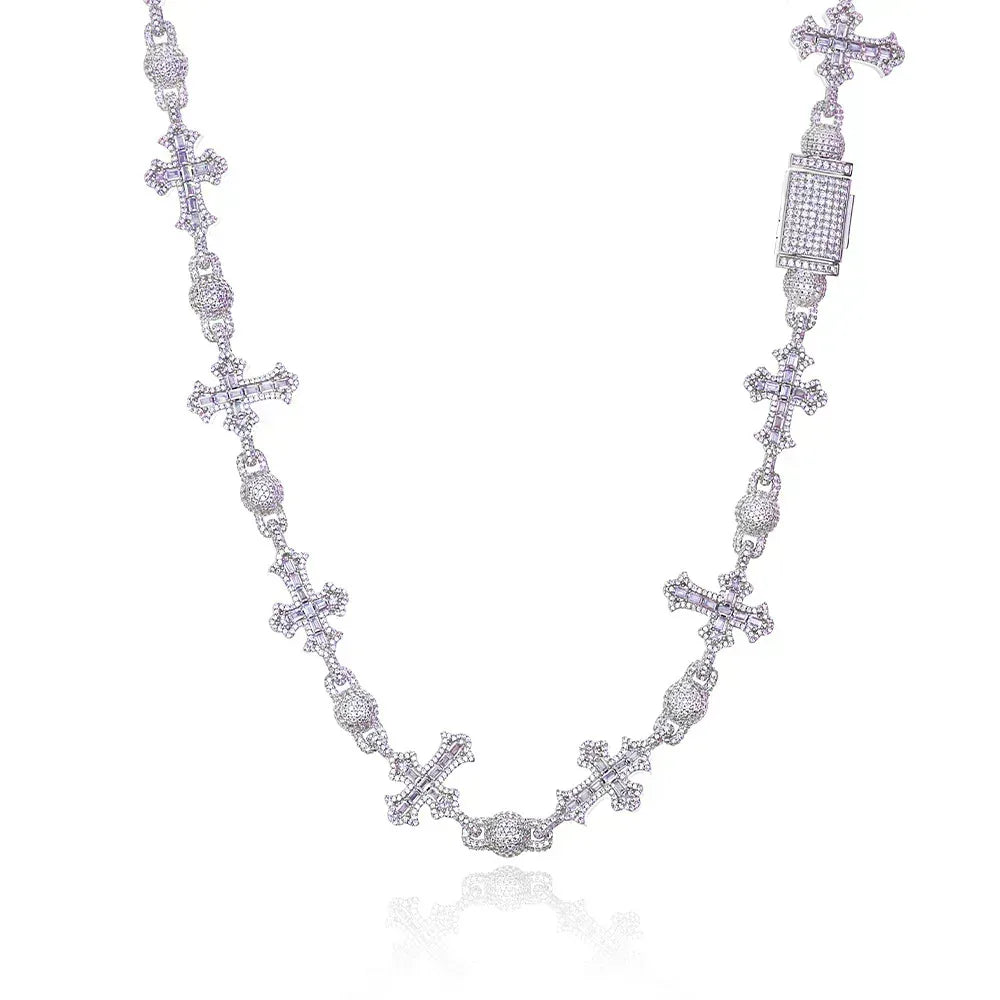 Moissanite Cross Necklace with Mixed-Cut Bead & T-Bar Chain – S925 Sterling Silver Vintage Hip Hop Jewelry for Men - CaratixJewelry