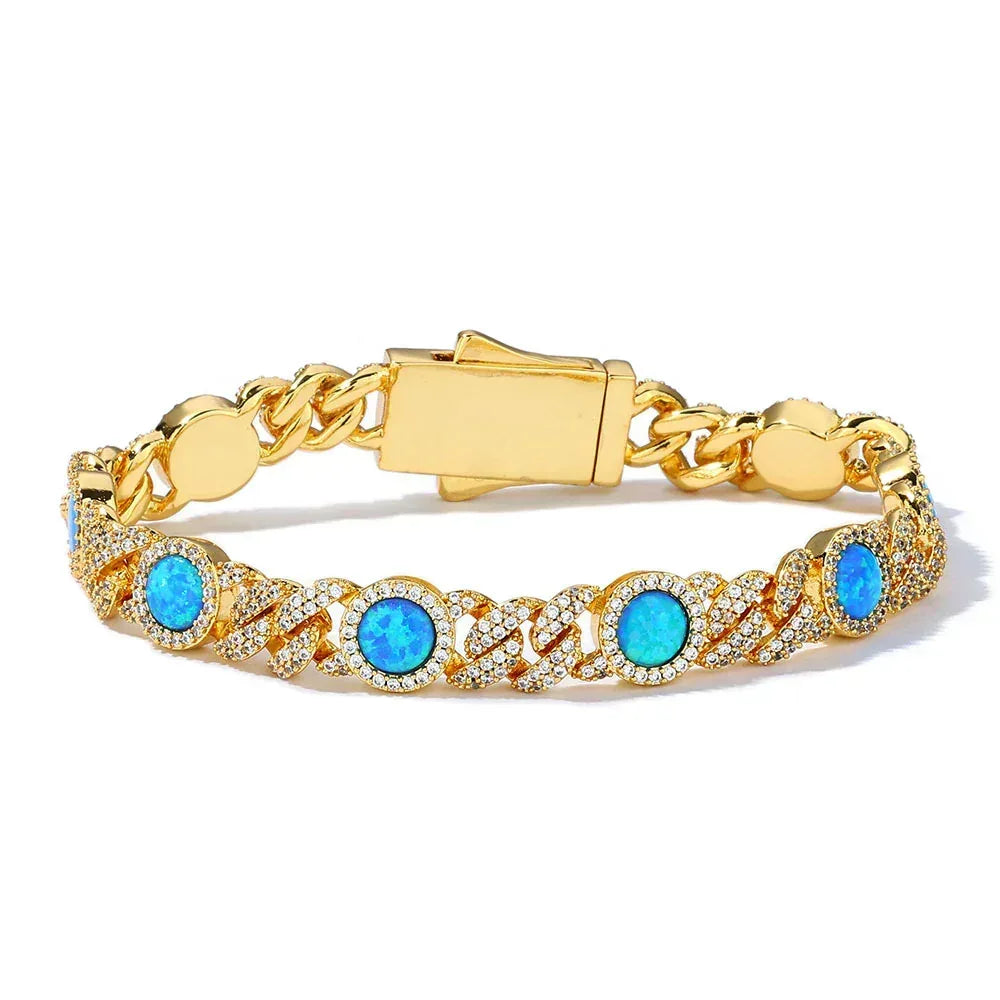 8mm Blue Gemstone Opal Zircon Hip Hop Jewelry Cuban Bracelet - CaratixJewelry
