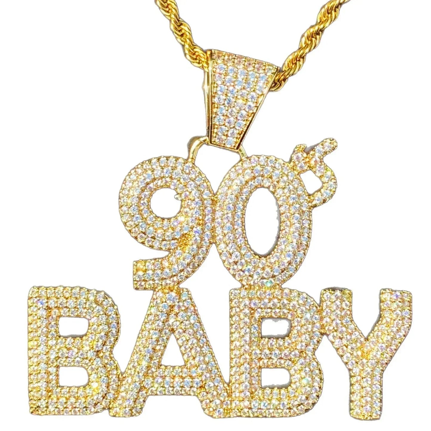 Iced Out "90s BABY" Text Pendant | Women's Y2K Nostalgia Necklace - CaratixJewelry