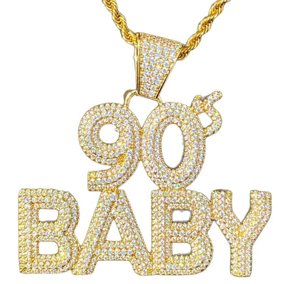 Iced Out "90s BABY" Text Pendant | Women's Y2K Nostalgia Necklace - CaratixJewelry