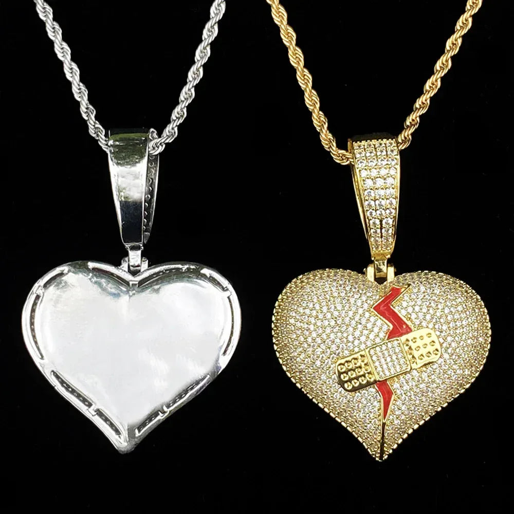 Iced Out "Mended Heart" Band-Aid Pendant | Men's Real Copper Broken Heart Necklace - CaratixJewelry