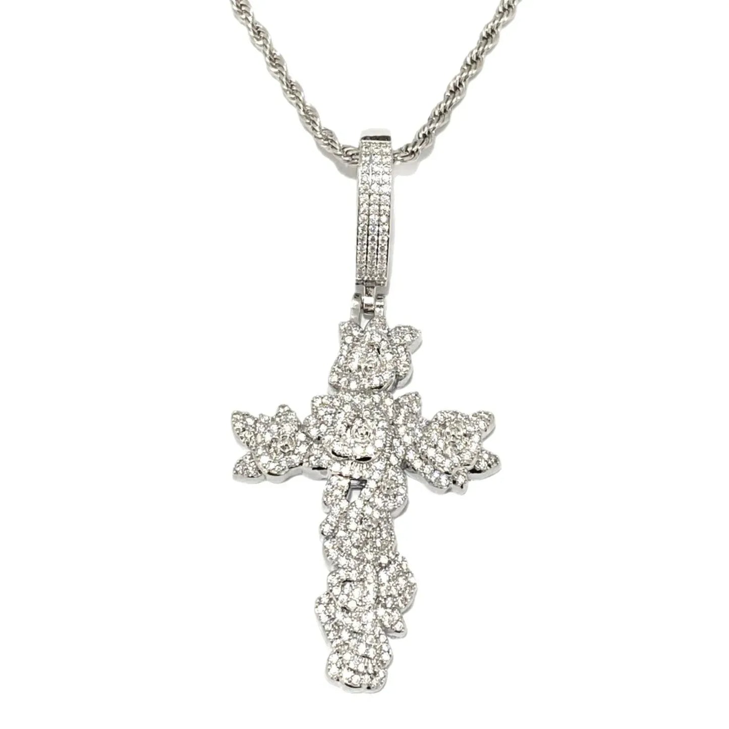 Iced Out Rose Cross Pendant | Women's Blooming Floral Necklace - CaratixJewelry