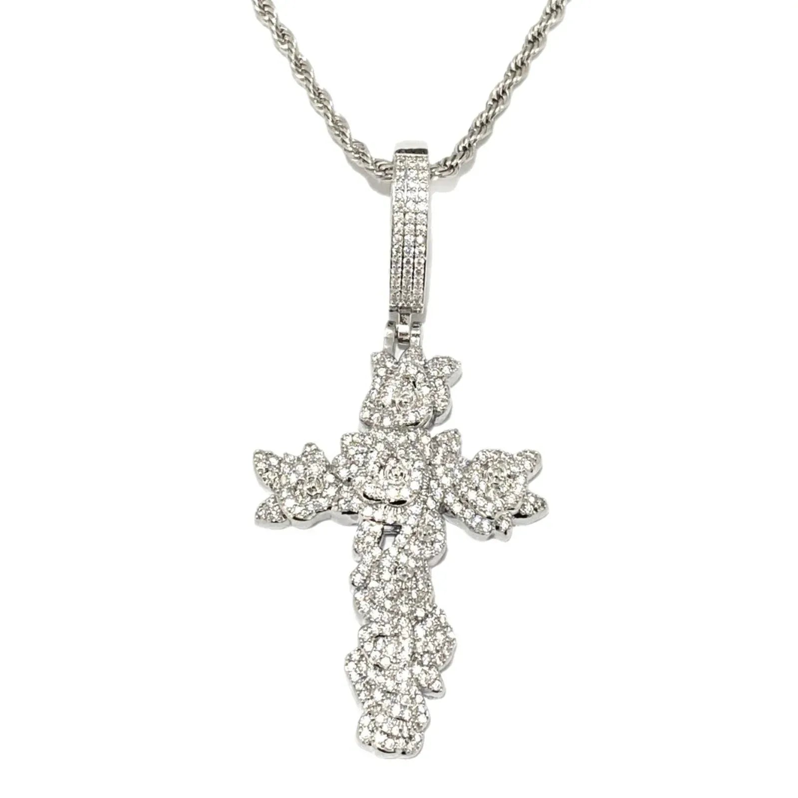 Iced Out Rose Cross Pendant | Women's Blooming Floral Necklace - CaratixJewelry