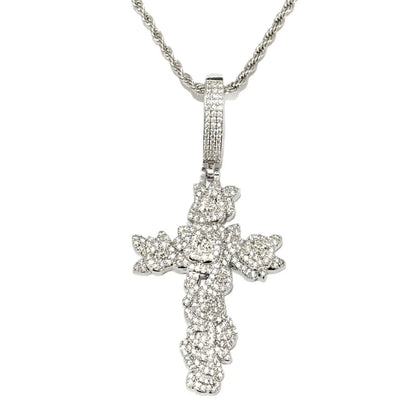 Iced Out Rose Cross Pendant | Women's Blooming Floral Necklace - CaratixJewelry