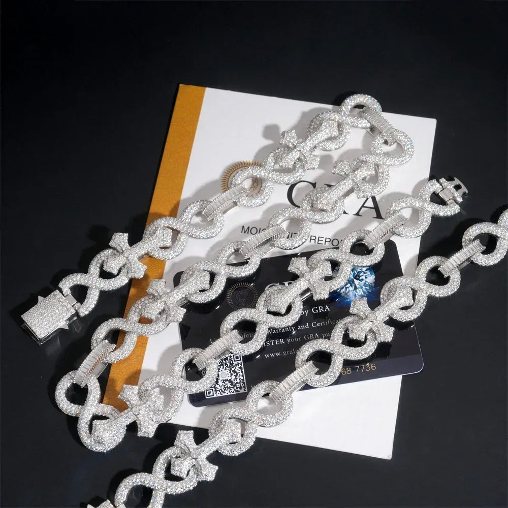17mm Moissanite Cross Cuban Link Bracelet with Figure-8 Clasp – S925 Sterling Silver Iced-Out Hip Hop Streetwear Jewelry - CaratixJewelry