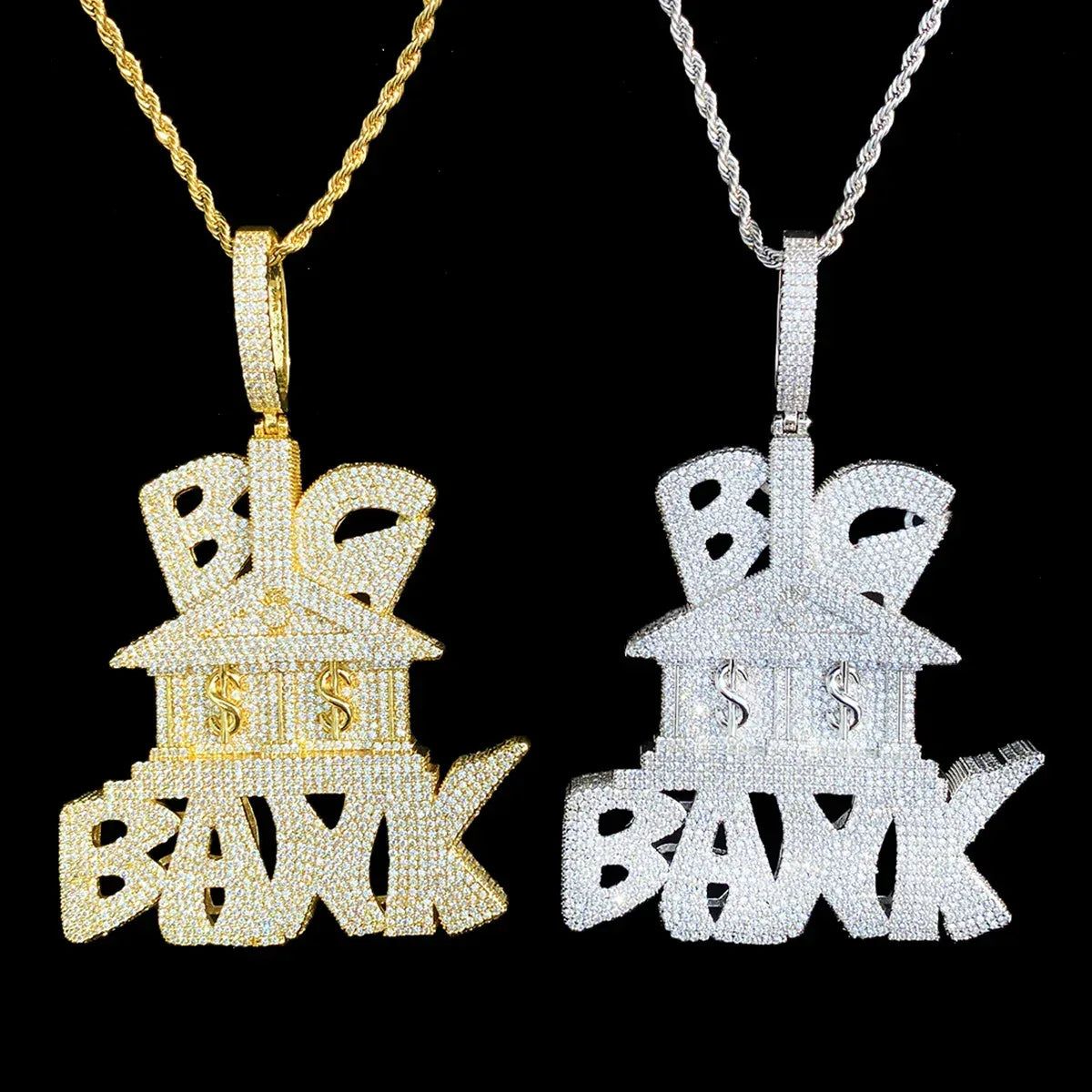 Iced Out "Big Bank" Letter Pendant | Men's Real Copper Money Statement Necklace - CaratixJewelry