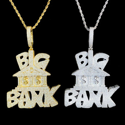 Iced Out "Big Bank" Letter Pendant | Men's Real Copper Money Statement Necklace - CaratixJewelry