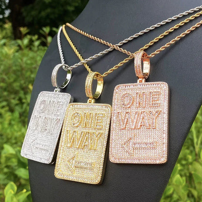 Iced Out "ONE WAY" Rectangular Pendant | Men's Real Copper CZ Plaque Necklace - CaratixJewelry