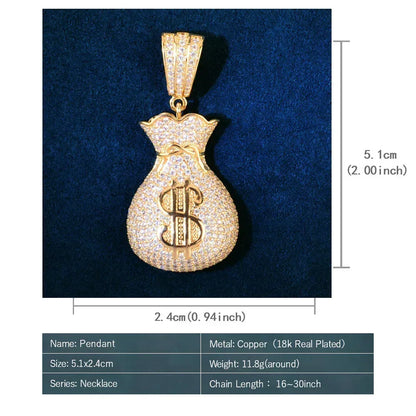 Iced Out Money Bag Pendant | CZ Hip Hop Men’s Streetwear Fashion Jewelry - CaratixJewelry