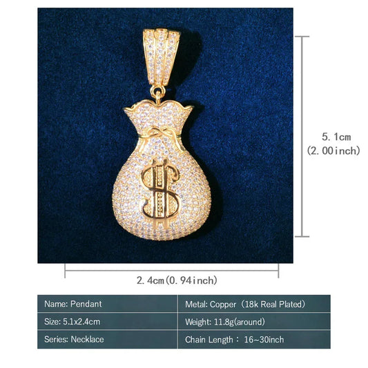 Iced Out Money Bag Pendant | CZ Hip Hop Men’s Streetwear Fashion Jewelry - CaratixJewelry