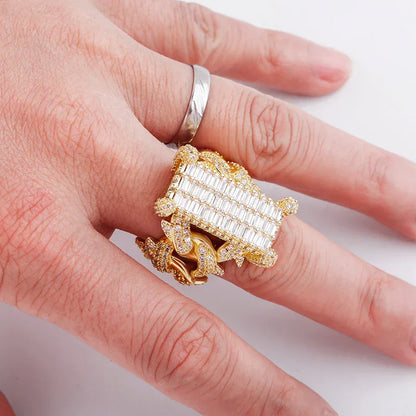 Iced Out Cuban Link Ring | Rectangular Zirconia Men's Band | Caratix