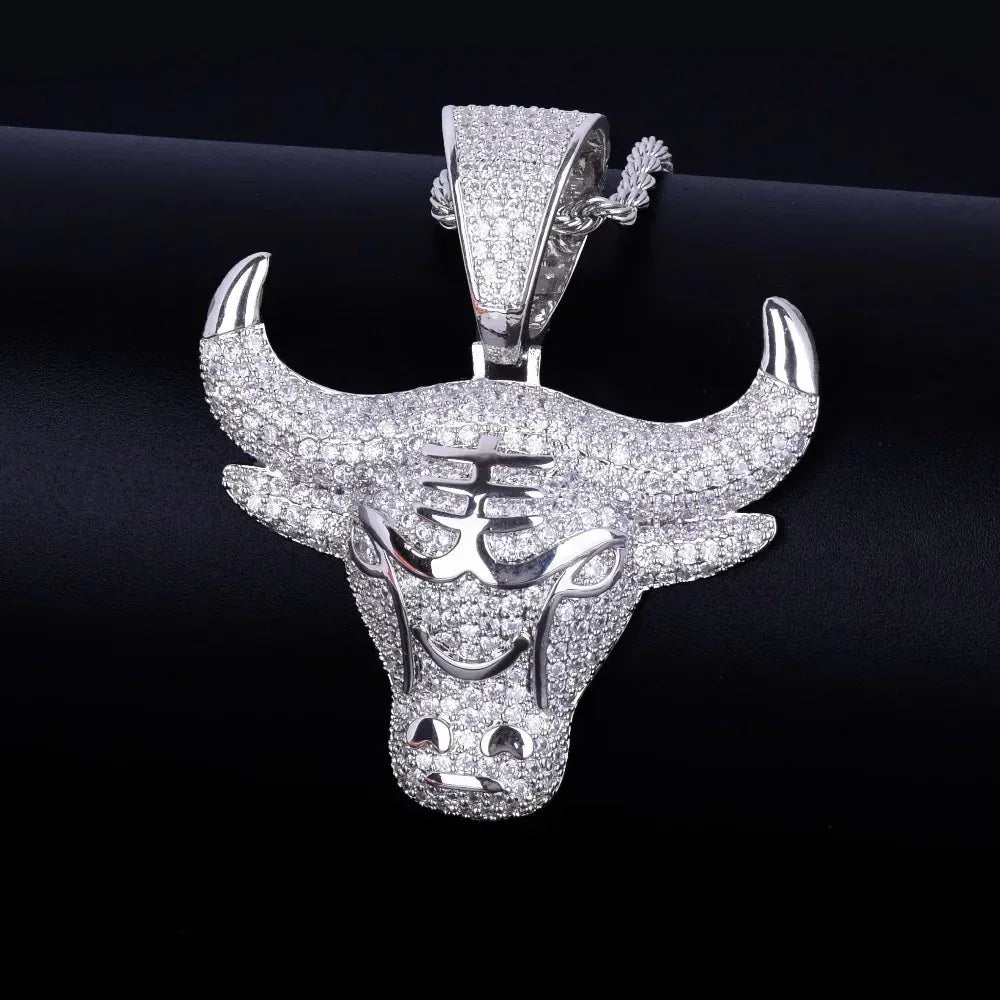 Iced Out Raging Bull Head Pendant | Men's Taurus Zodiac Necklace | Premium Copper CZ Chicago Style Jewelry | Wall Street Wealth Charm | Caratix - CaratixJewelry