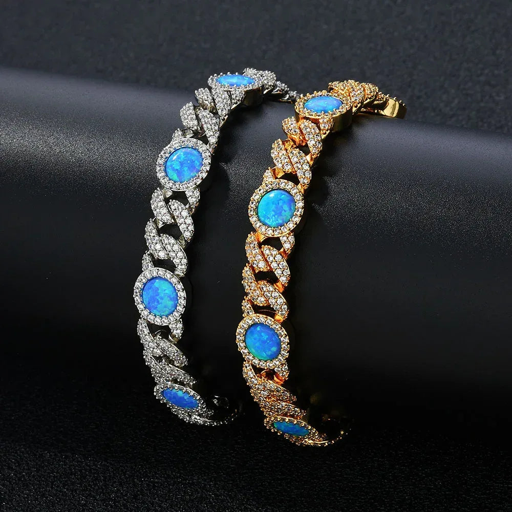 8mm Blue Gemstone Opal Zircon Hip Hop Jewelry Cuban Bracelet - CaratixJewelry