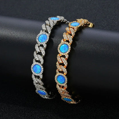 8mm Blue Gemstone Opal Zircon Hip Hop Jewelry Cuban Bracelet - CaratixJewelry