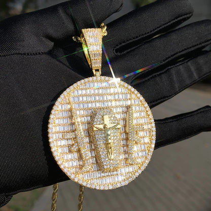 Iced Out Double Gun Cross Round Pendant Necklace – Hip Hop Step-Cut CZ Copper Jewelry - CaratixJewelry