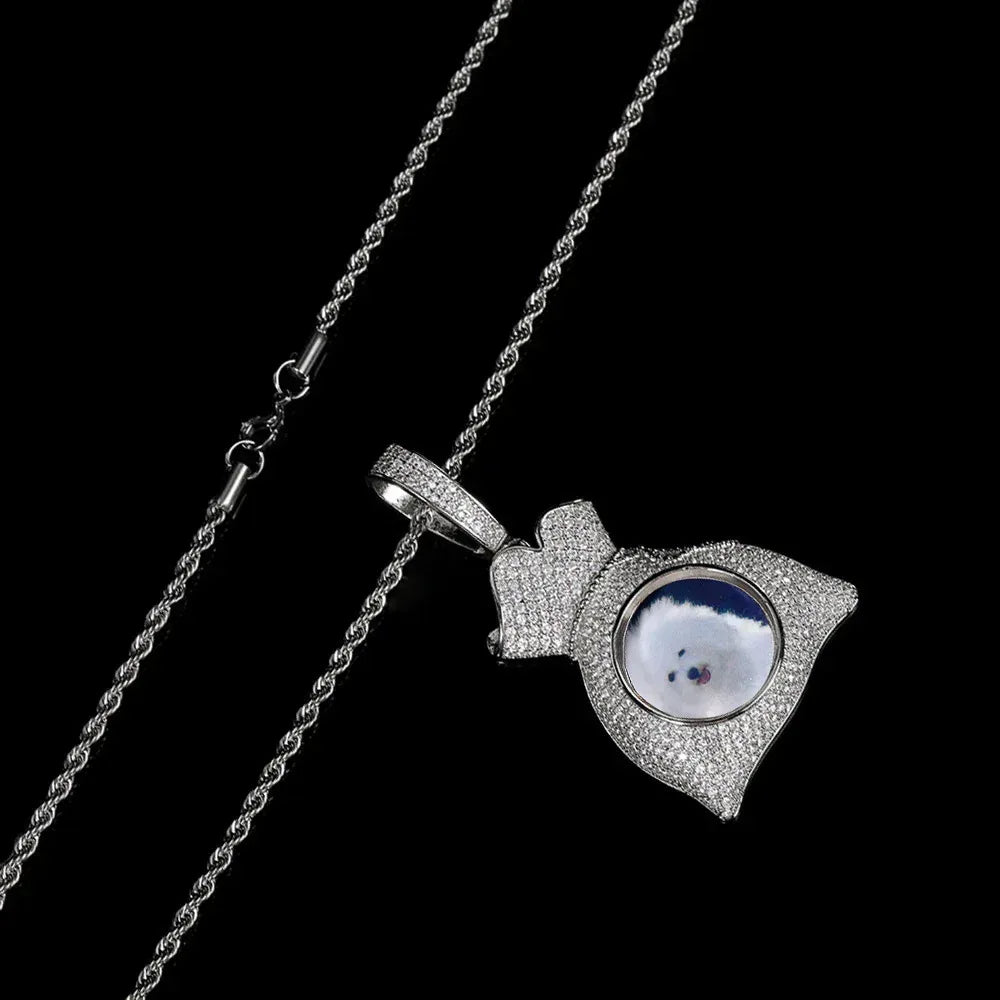 Custom Photo Pendant Hip Hop Necklace with Micro-Pave Zircon and DIY Money Bag Frame | Caratix Jewelry - CaratixJewelry