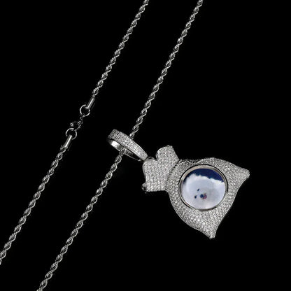 Custom Photo Pendant Hip Hop Necklace with Micro-Pave Zircon and DIY Money Bag Frame | Caratix Jewelry - CaratixJewelry