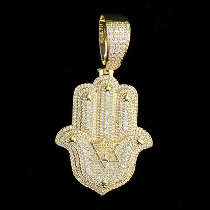 Iced Out Hand & Star Pendant | Unisex Real Copper CZ "Lucky Charm" Necklace - CaratixJewelry