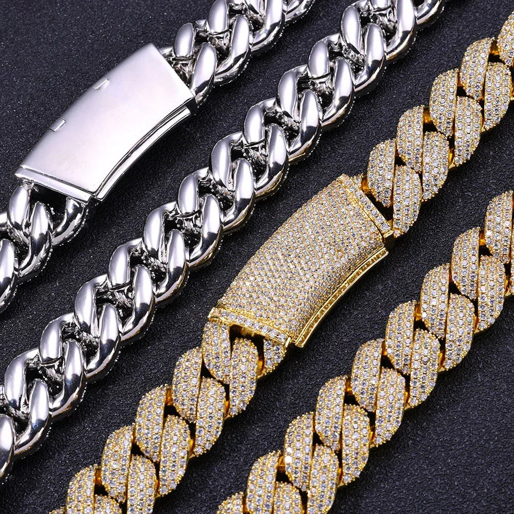 18mm Three-Row Cuban Chain Necklace with Zircon Stones - CaratixJewelry