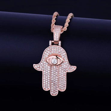 Iced Out Hamsa Hand Pendant Men's Hand of Fatima Necklace Caratix - CaratixJewelry