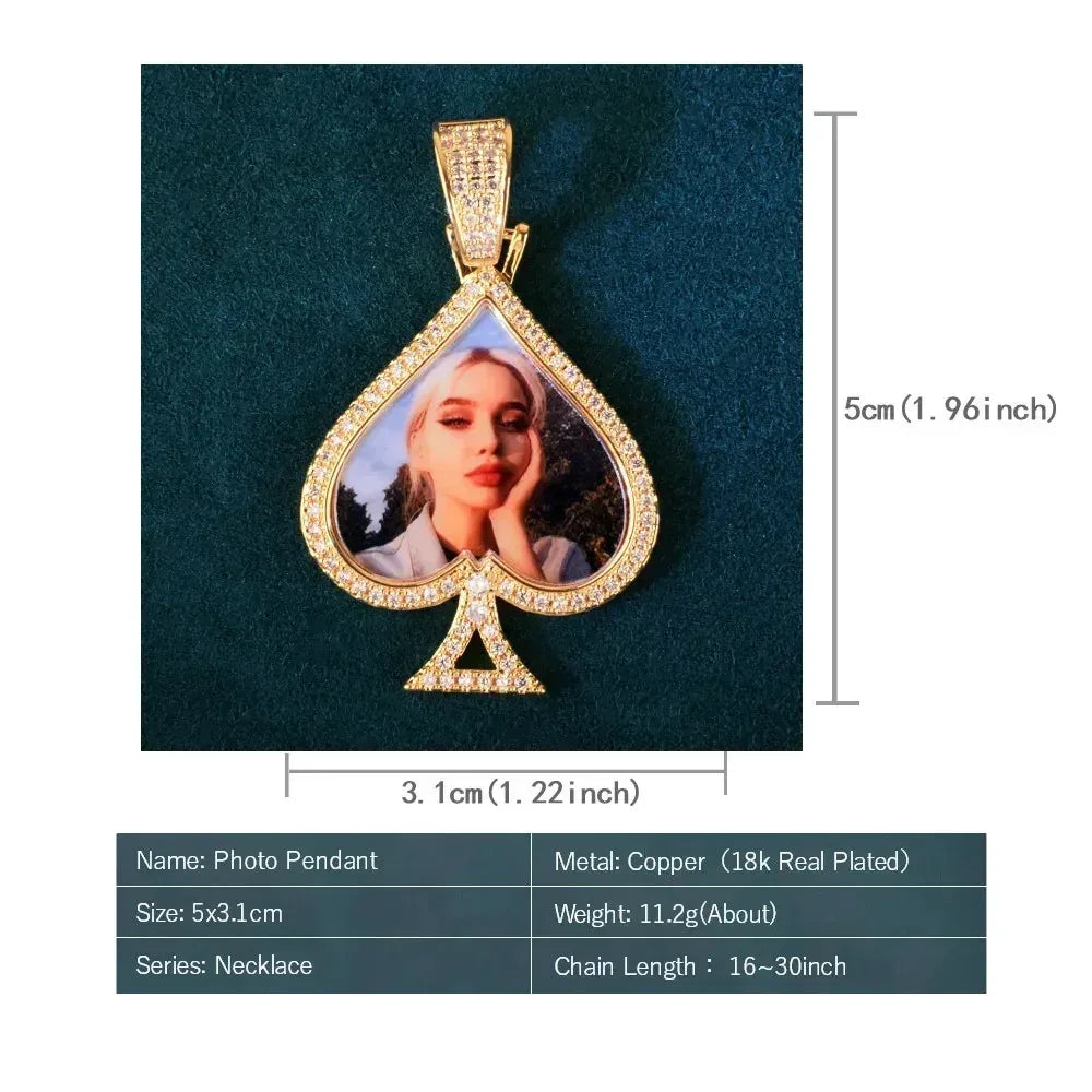 Spade Photo Pendant Necklace | Epoxy CZ Iced Out DIY Custom Hip Hop Jewelry - CaratixJewelry