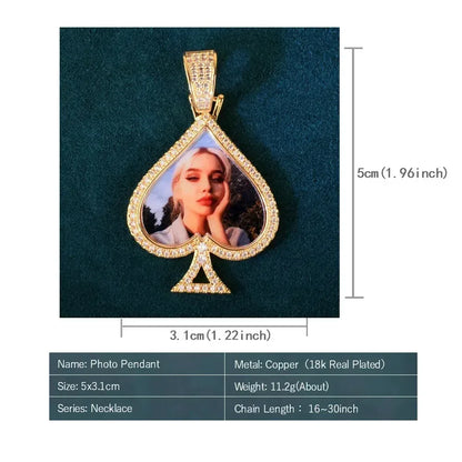 Spade Photo Pendant Necklace | Epoxy CZ Iced Out DIY Custom Hip Hop Jewelry - CaratixJewelry